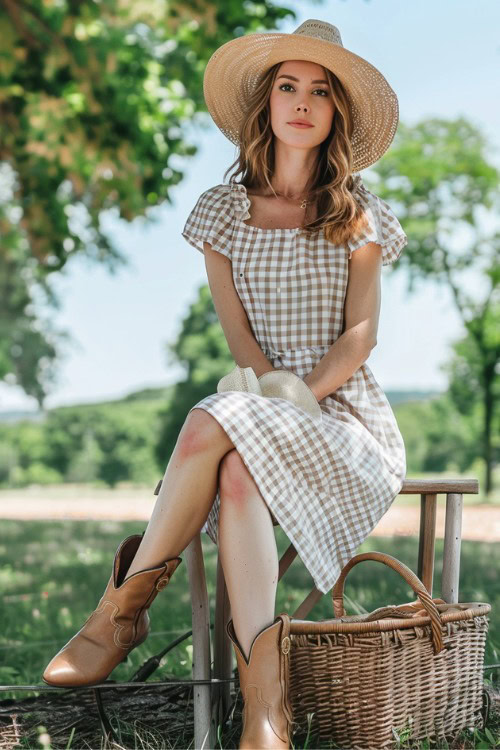 A woman wears short cowboy boots with a checkered dress