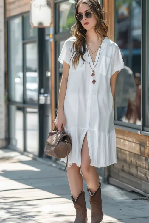 A woman wears short cowboy boots with a loose fitting dress