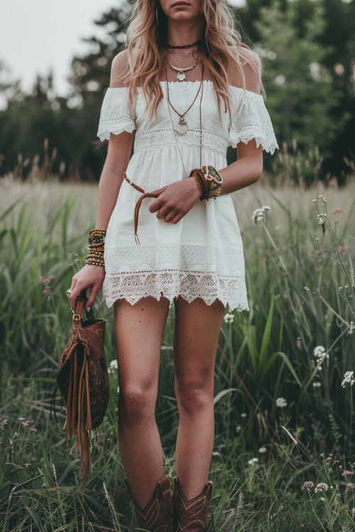A woman wears short cowboy boots with off-shoulder white lace dress
