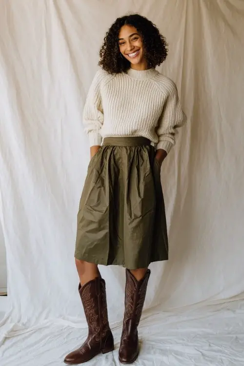 A woman wears tall brown cowboy boots, an olive green midi skirt, and a cream ribbed sweate