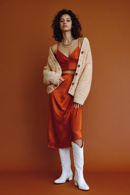 A woman wears tall white cowboy boots, a rust-colored satin slip dress, and a cropped knit cardigan