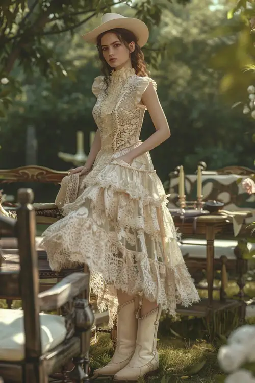 A woman wears white cowboy boots with a classy dress