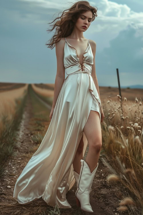 A woman wears white cowboy boots with a long and white slip dress