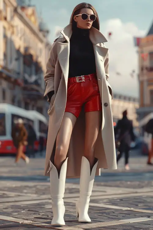A woman wears white cowboy boots with