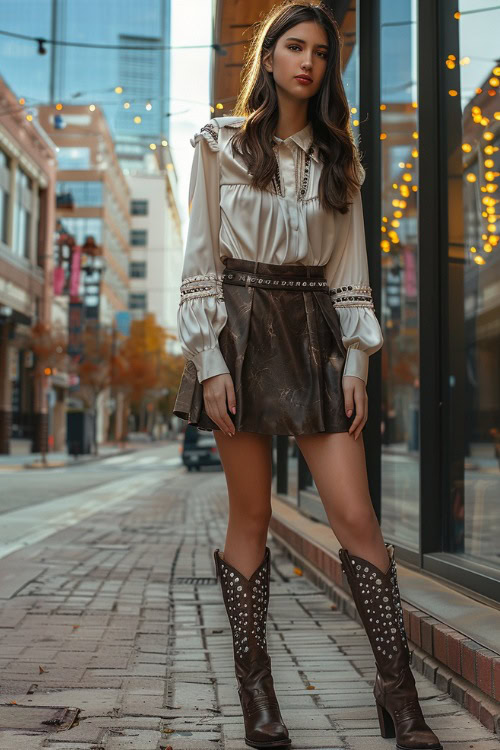 A woman weasr studded cowboy boots with a skirt and a white top