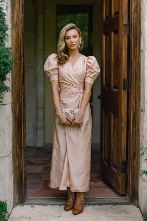 a woman in a long romantic dress with puff sleeves and lace details with cowboy boots at a garden engagement party