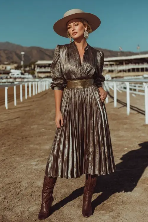 a woman in a pleated metallic fancy dress with a belted waist and cowboy boots at a horse racing event
