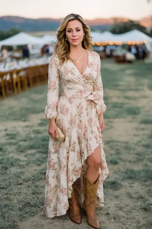 a woman wearing a long floral wrap dress with a flowing skirt and brown cowboy boots at an outdoor wedding reception