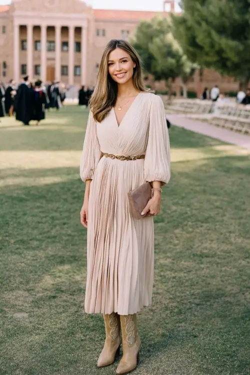 a woman wearing a long pleated pastel dress with a belted waist and cowboy boots at a graduation celebration