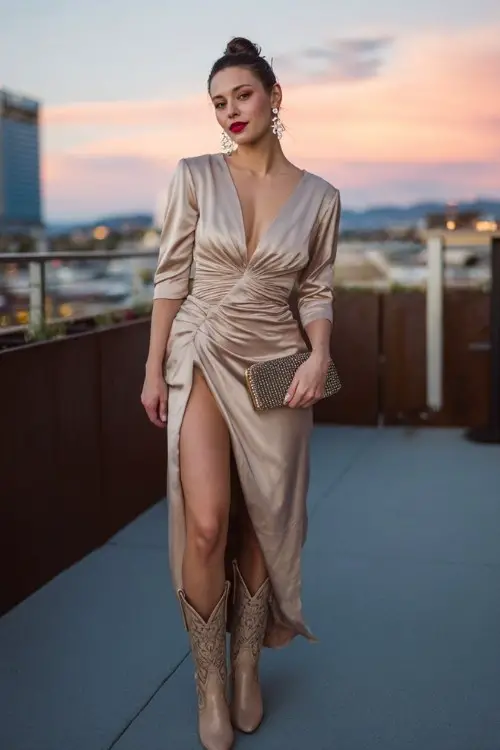 a woman wearing a satin wrap fancy dress with a thigh-high slit and embroidered cowboy boots at a rooftop cocktail party