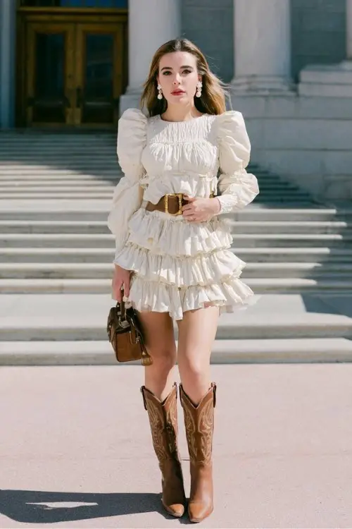 a woman wearing a tiered ruffle fancy dress with puff sleeves and brown cowboy boots at a graduation celebration