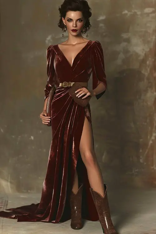 a woman wears a burgundy velvet wrap dress and cowboy boots