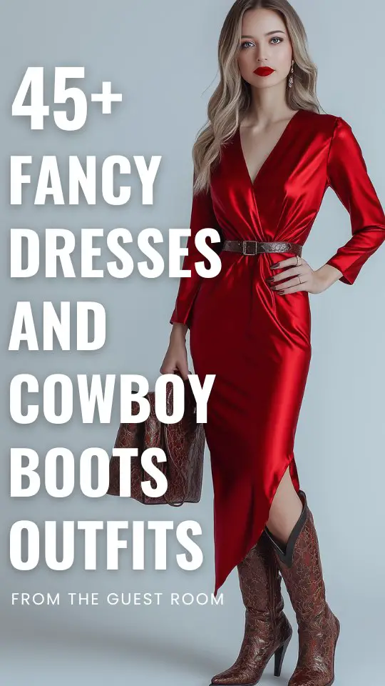 a woman wears a fancy dress and cowboy boots