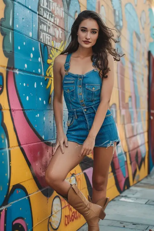 a woman wears denim romper with brown cowboy boots