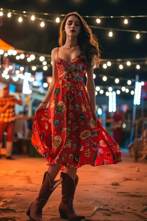 a woman wears red sundress with brown cowboy boots for concert
