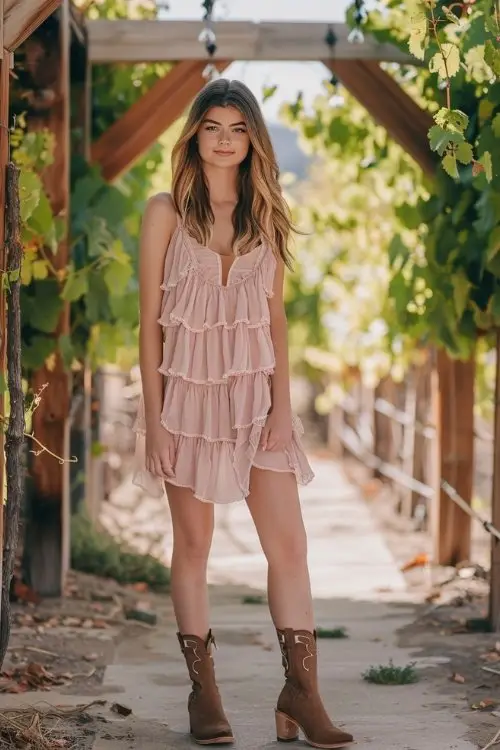 a woman wears sundress with brown cowboy boots for wedding
