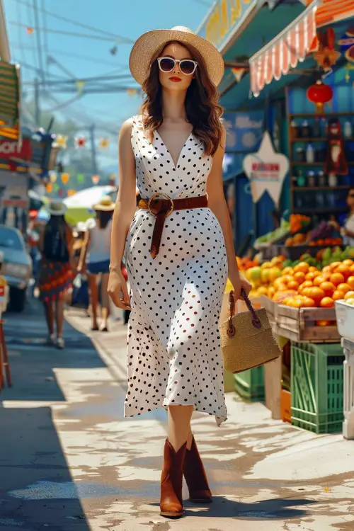 a woman wears white wrap dress and brown cowboy boots