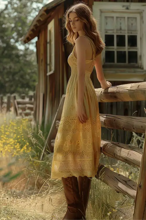 a woman wears yellow midi sundress with cowboy boots