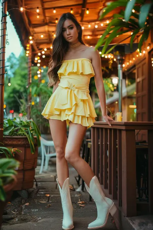 a woman wears yellow romper dress with white cowboy boots in a cafe