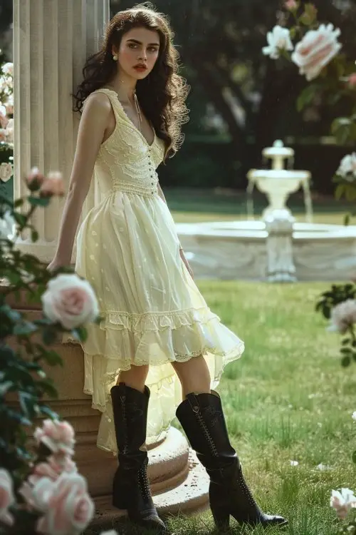 a woman wears yellow sundress with black cowboy boots in a party