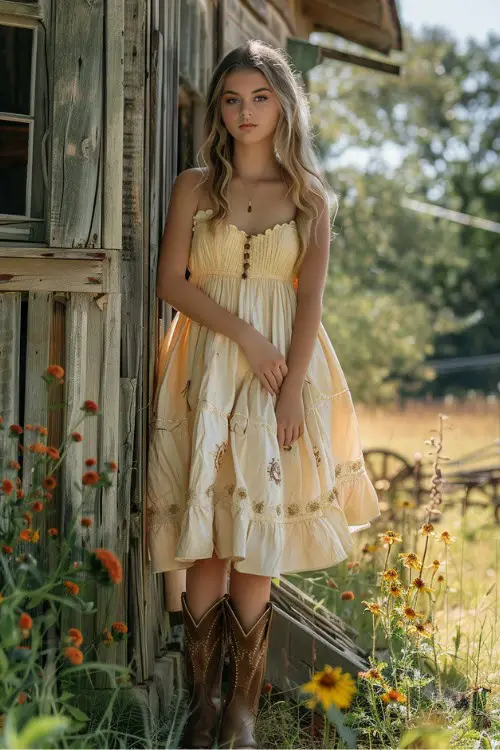 a woman wears yellow sundress with cowboy boots for country wedding
