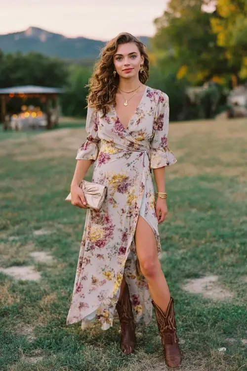 woman wearing a long floral wrap dress with a flowing skirt and brown cowboy boots at an outdoor wedding reception