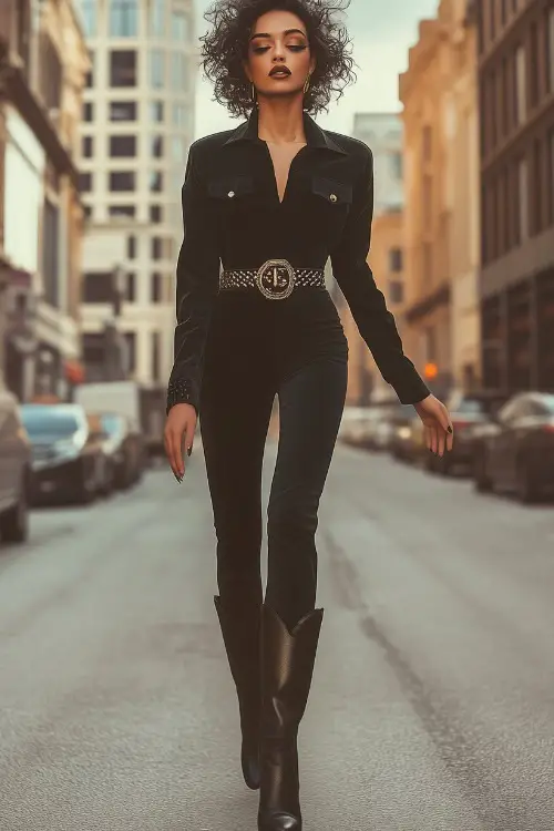 A baddie in a fitted black jumpsuit, statement belt, and glossy black cowboy boots