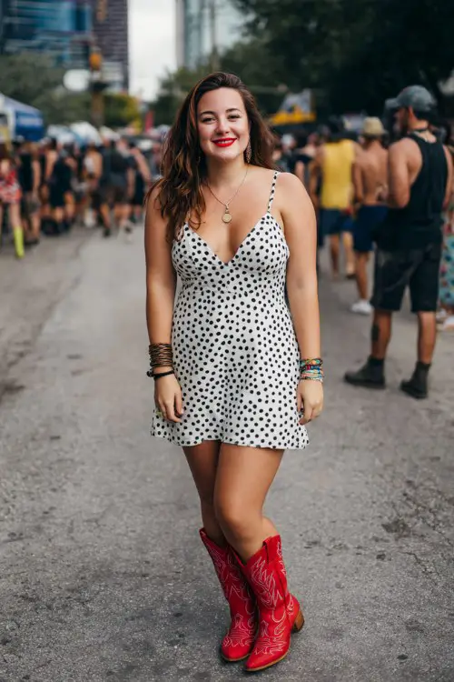 A curvy woman wears a playful polka dot mini dress styled with classic red cowboy boots, stacked bracelets and a bold red lip
