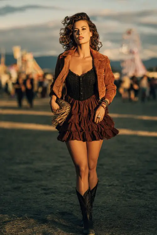 A curvy woman wears black cowboy boots with a ruffled boho mini dress layered under a cropped suede jacket, accessorized with stacked bracelets and a fringe clutch