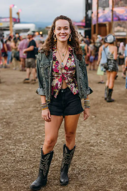 A curvy woman wears black cowboy boots with high-waisted straight-leg jeans, a floral blouse tucked in and cropped denim jacket
