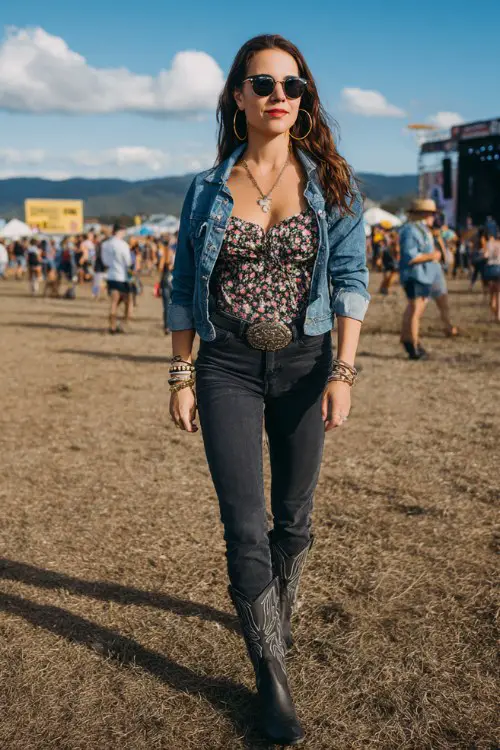 A curvy woman wears black cowboy boots with high-waisted straight-leg jeans, a floral blouse tucked in and cropped denim jacket