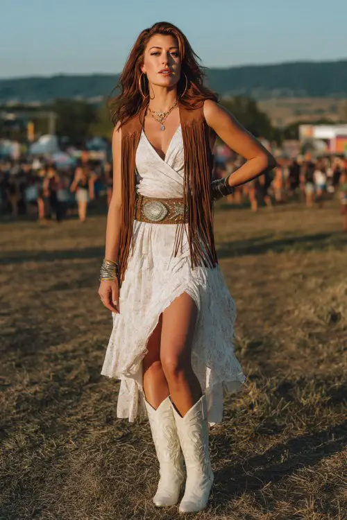 A curvy woman wears white cowboy boots with a flowy wrap midi dress and wide western belt, layered with a fringe vest, accessorized with chunky bracelets