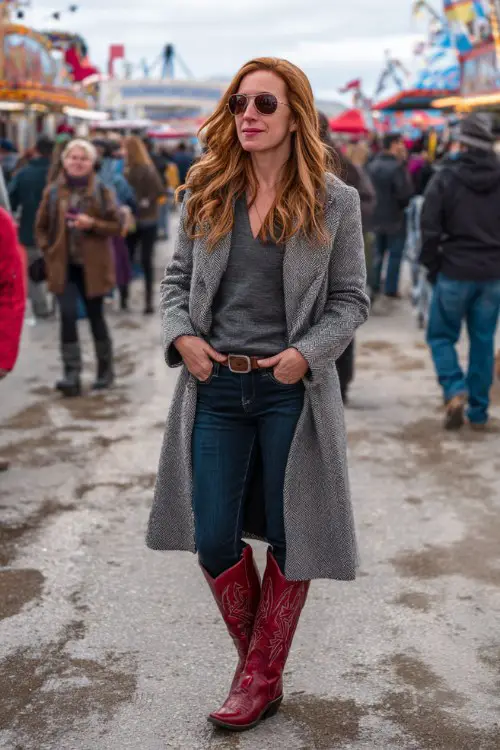 A plus-size woman over 40 wears a long coat layered over dark jeans, fitted blouse, and polished red cowboy boots