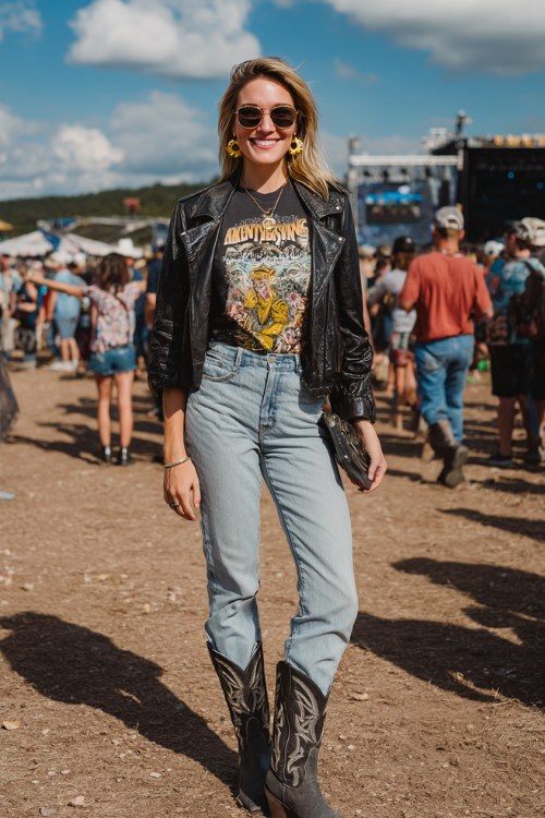 A plus-size woman wears black cowboy boots with light-wash straight jeans, a bold graphic tee and cropped leather jacket, finished with hoop earrings and a sleek clutch