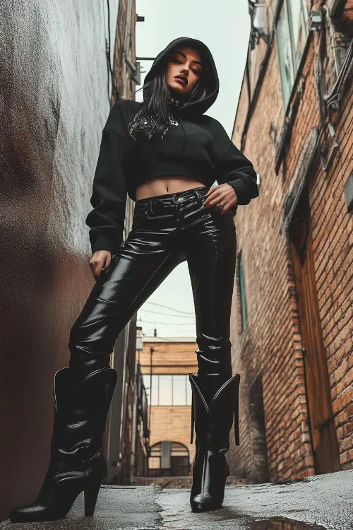 A trendy baddie wearing a black cropped hoodie, high-waisted leather pants, and glossy black cowboy boots