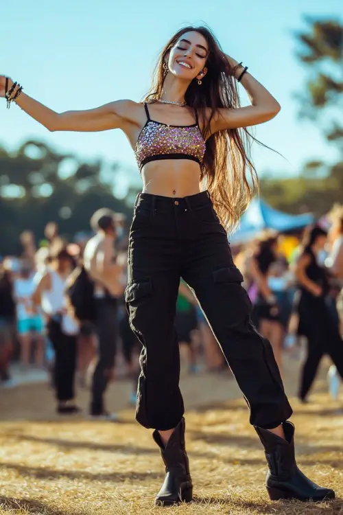 A trendy woman in a sparkly crop top, black cargo pants, and black cowboy boots, dancing at an outdoor music festival