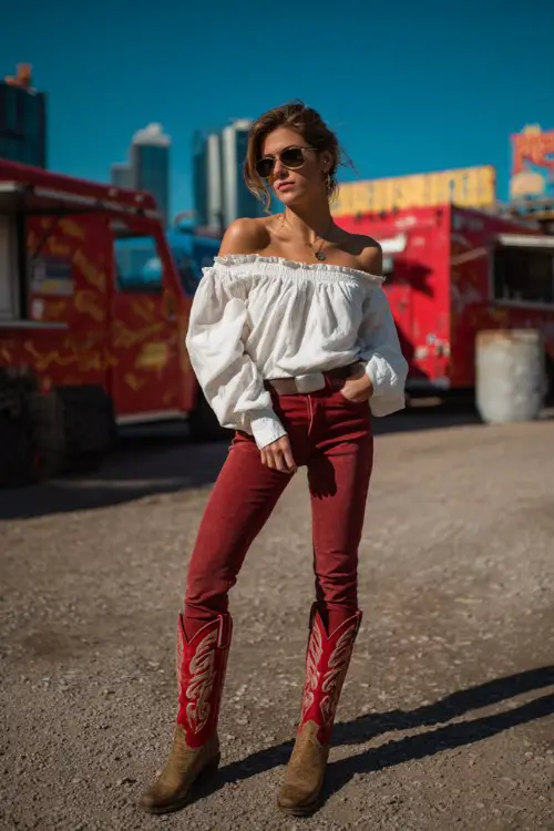 A woman over 30 wears dark skinny jeans styled with red cowboy boots, an off-shoulder blouse, and oversized sunglasses