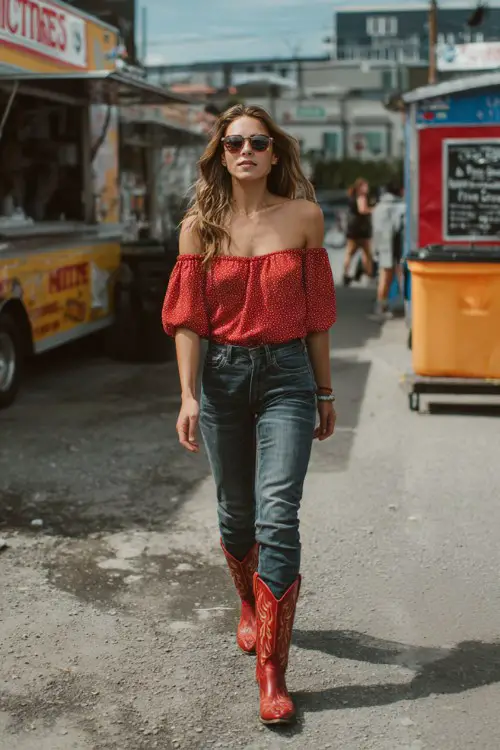 A woman over 30 wears dark skinny jeans styled with red cowboy boots, an off-shoulder blouse, and oversized sunglasses