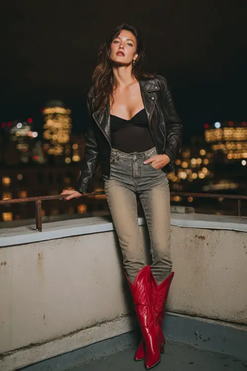 A woman over 30 wears red cowboy boots paired with high-waisted skinny jeans, a sleek bodysuit, and a cropped moto jacket