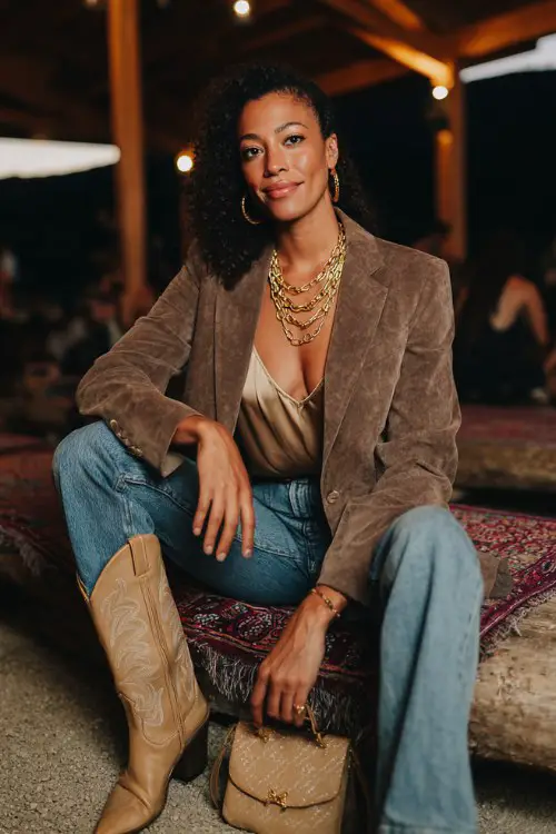 A woman over 30 wears tan cowboy boots with flared blue jeans, a silky camisole and tailored suede blazer, accessorized with layered gold chains and a structured handbag
