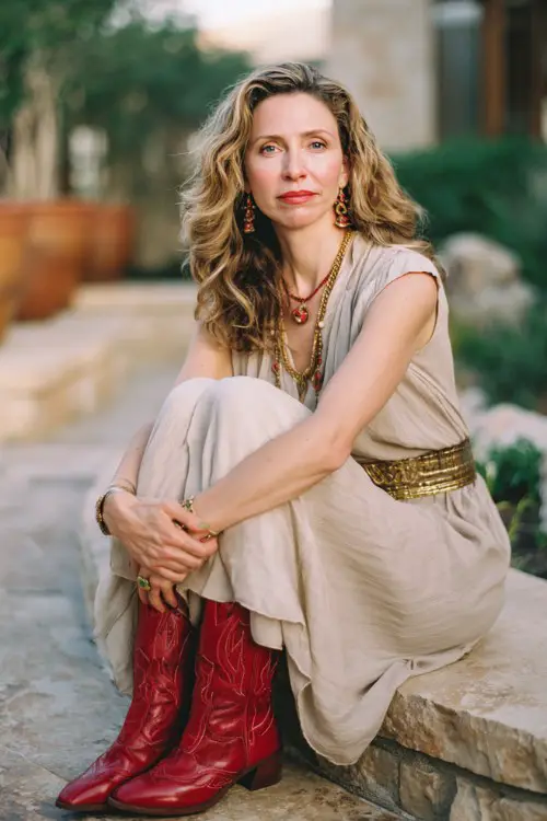 A woman over 40 wears a flowy midi dress with elegant red cowboy boots, statement belt and gold bangles, sunset acoustic concert garden setting