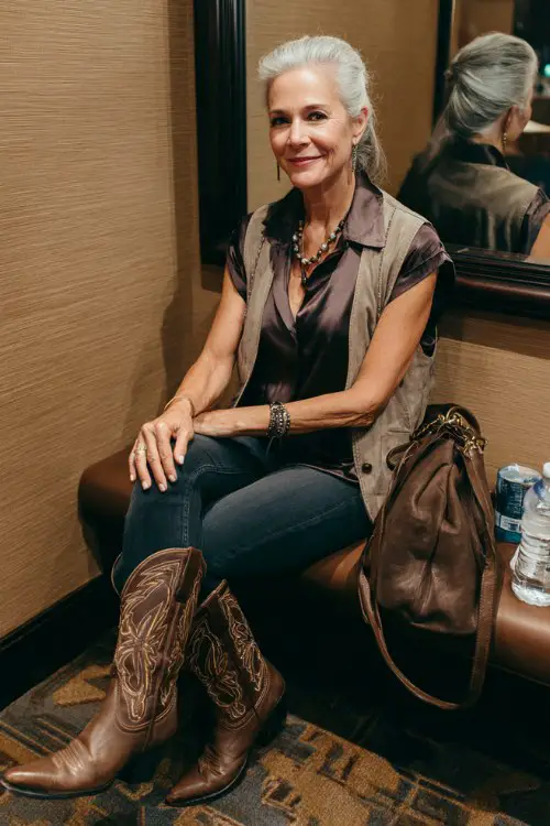 A woman over 40 wears polished brown cowboy boots with tailored dark jeans, a satin blouse and long statement vest, styled with elegant jewelry and a leather handbag