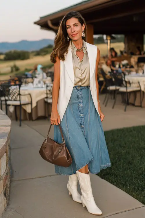 A woman over 40 wears white cowboy boots with a chic denim midi skirt, silky blouse and long statement vest, styled with elegant jewelry and leather handbag