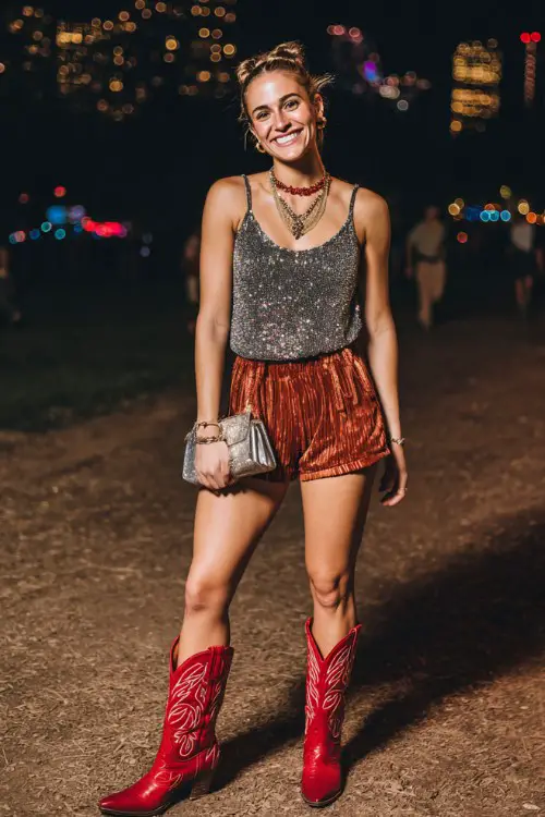 A woman wears a sequined tank top with high-waisted shorts and vivid red cowboy boots, layered necklaces