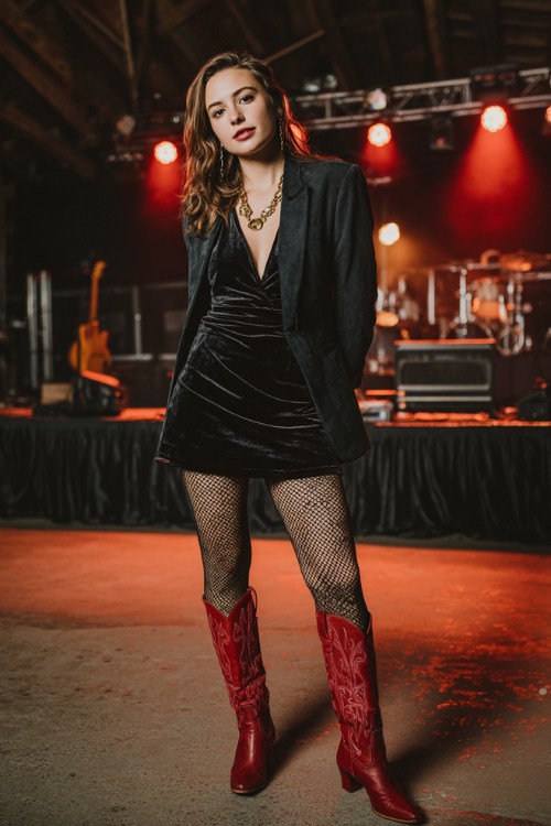 A woman wears a velvet mini dress paired with red cowboy boots, patterned tights, and a tailored blazer