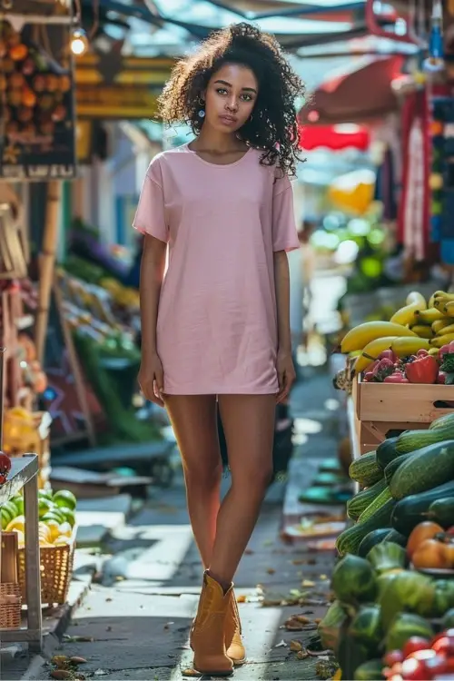 A woman wears ankle brown cowboy boots with a pink dress