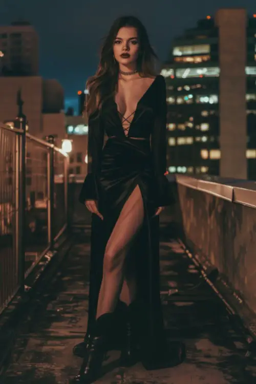 A woman wears black cowboy boots with a black maxi dress