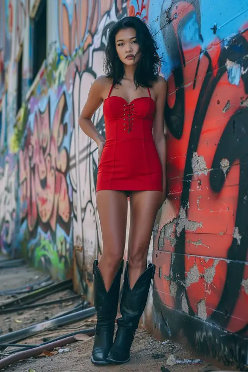A woman wears black cowboy boots with a short red dress