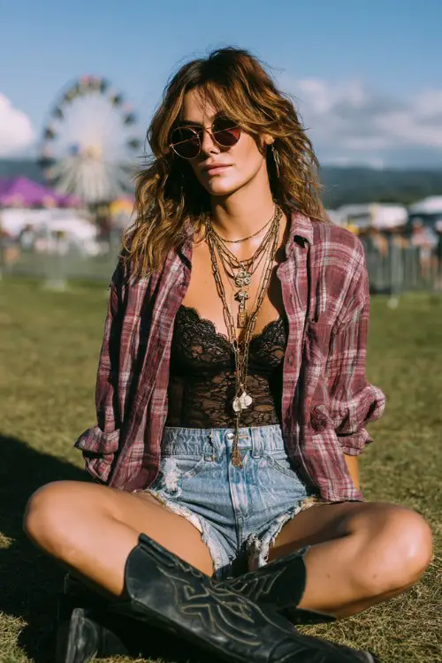 A woman wears black cowboy boots with high-waisted denim shorts, a lace bodysuit and oversized flannel shirt accessorized with layered necklaces and sunglasses