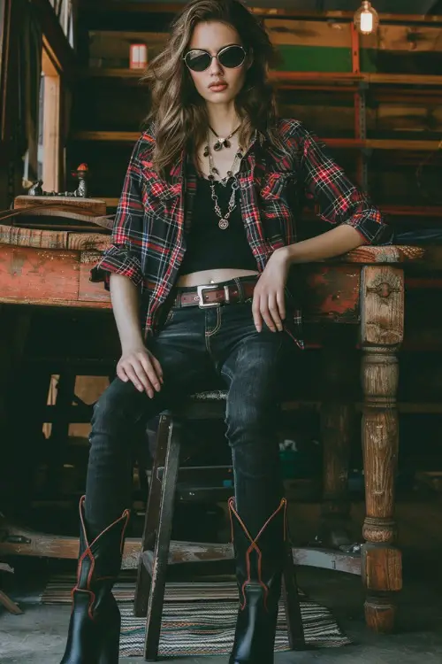 A woman wears black cowboy boots with skinny jeans, plaid coat and a black crop top